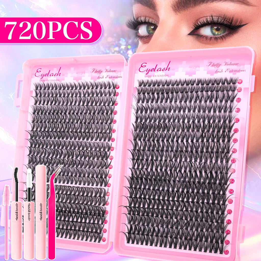 DIY Lash Extension Kit 200/720PCS Cluster Lashes w/ Bond Seal & Tweezers Wispy Set