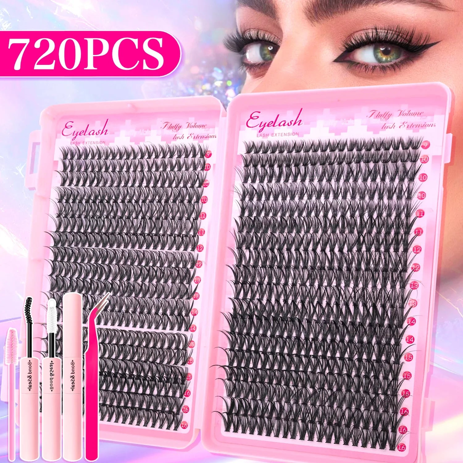 DIY Lash Extension Kit 200/720PCS Cluster Lashes w/ Bond Seal & Tweezers Wispy Set