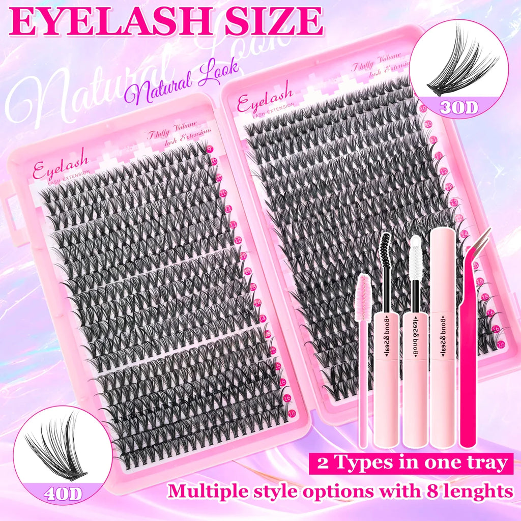 DIY Lash Extension Kit 200/720PCS Cluster Lashes w/ Bond Seal & Tweezers Wispy Set